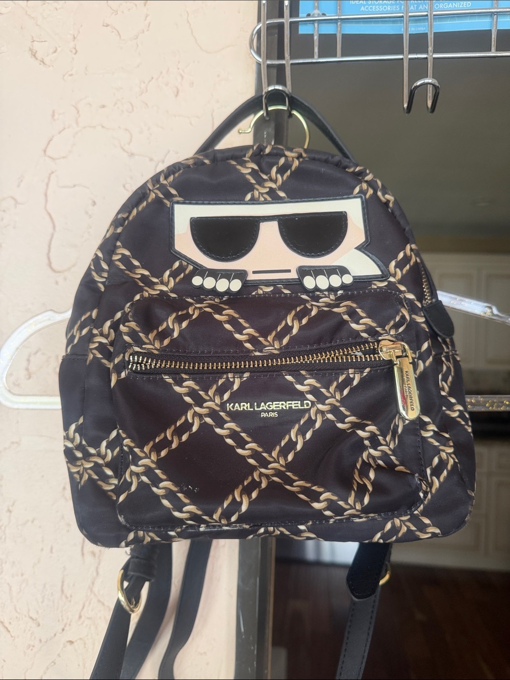 Karl Lagerfeld Black & Gold Chain-Print Mini Backpack with Graphic Face
